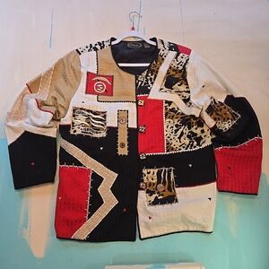 Alex Kim L Patchwork Abstract Jacket Button Up Blk Red Cotton Quilted India Boho